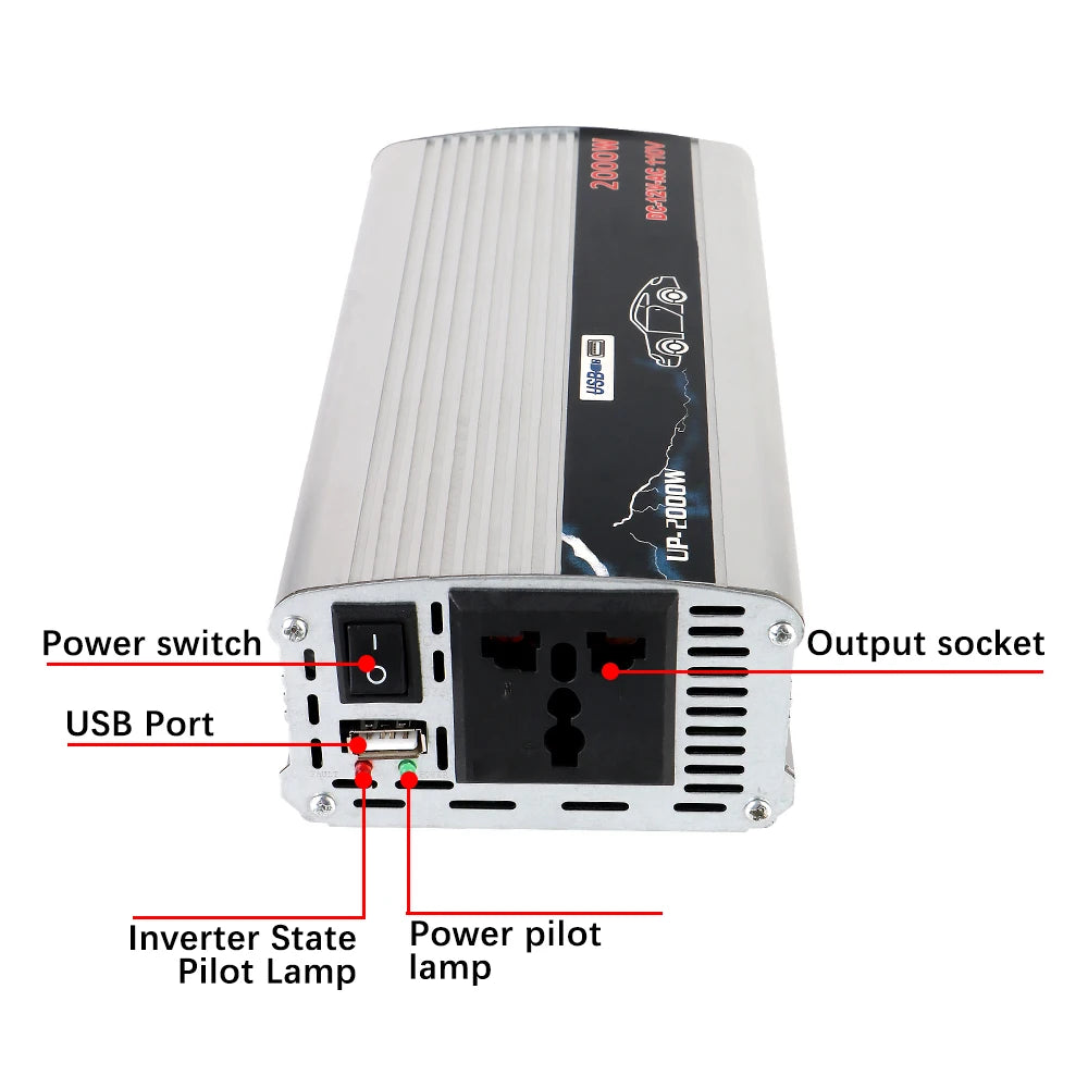 2000W DC/AC Inverter 12V To 110V 220V AC Power Socket With USB Charger Switch Car Inverter Solar Power Storage Battery Converter