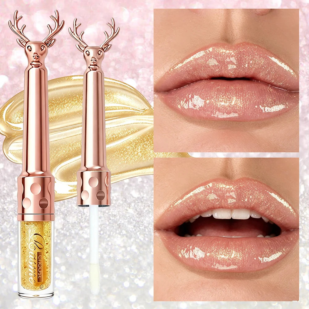 CHOOSE RASME Deer Antlers Fine Shining Lip Gloss, Gilded Gold Silver Shining Glass Lip Stack Coating, Brightening Dudu Lip Oil