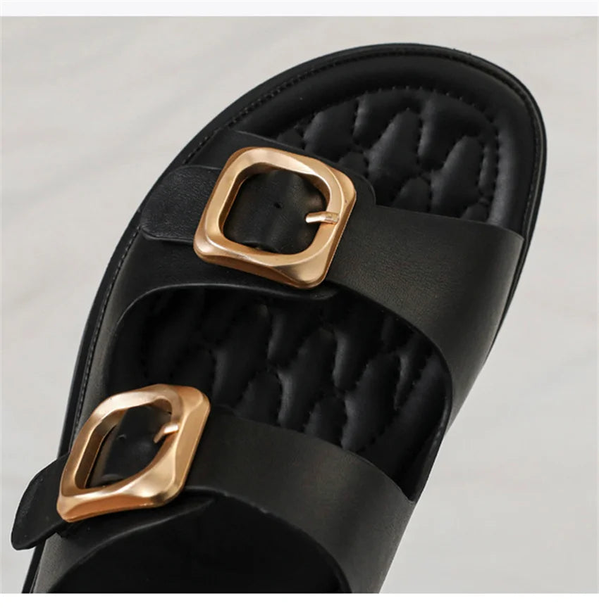 Casual Slippers Women PU Leather Open Toe Double Buckle Flat Summer Outdoors Non-Slip Soft Soles Slip On Beach Footwear Slippers