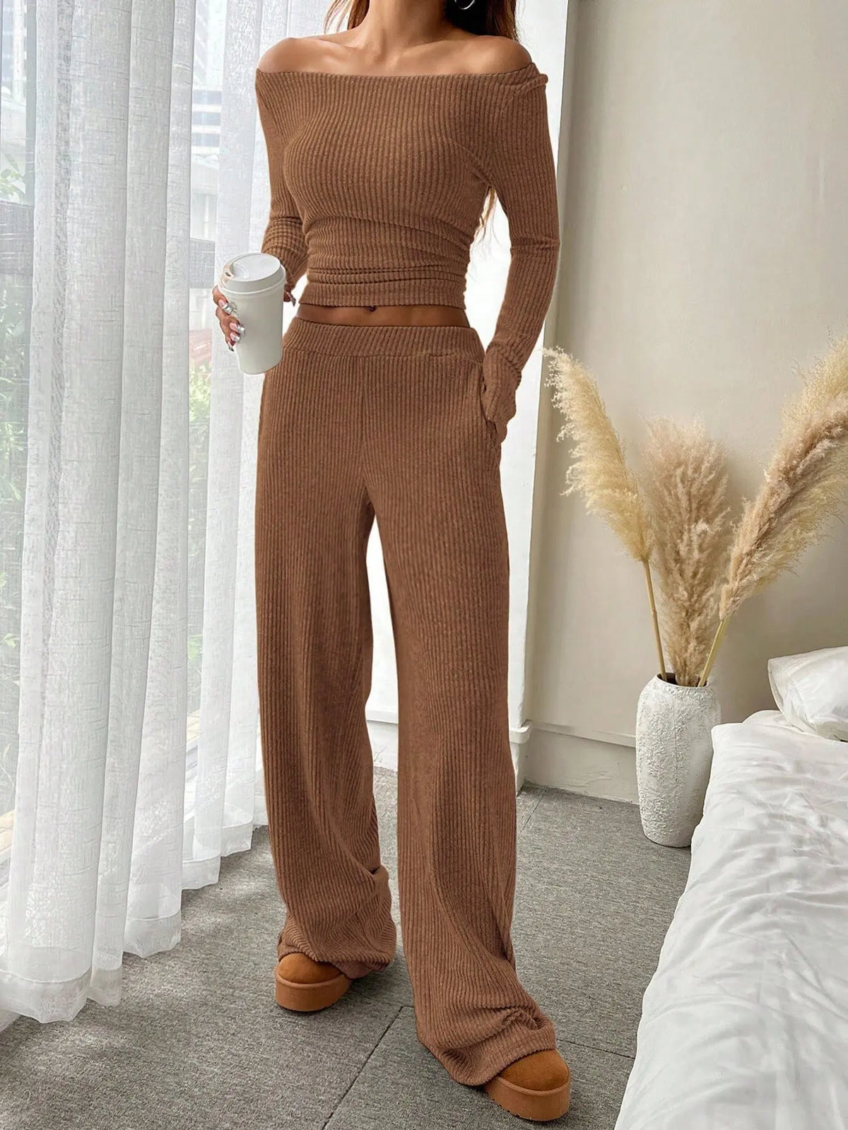 Casual Solid Slim Set For Women Fashion Long Sleeve O Neck Tops+High Waist Wide Leg Pants 2 Piece Sets Lady Holiday Clothes New