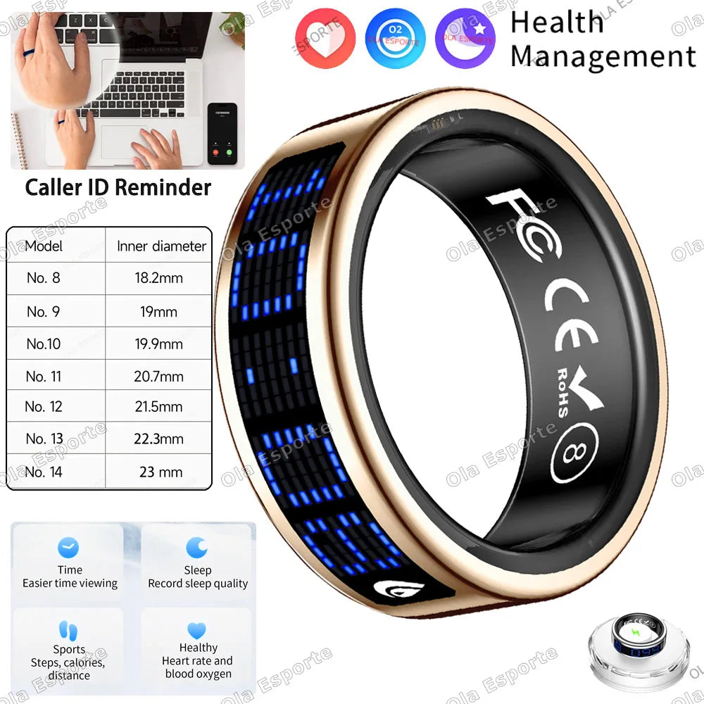 Call ID Reminder Smart Ring Display Screen Touch,Tasbih Counter,Health Manager,5ATM Waterproof Multiple Sport Mode MenWomen HT30