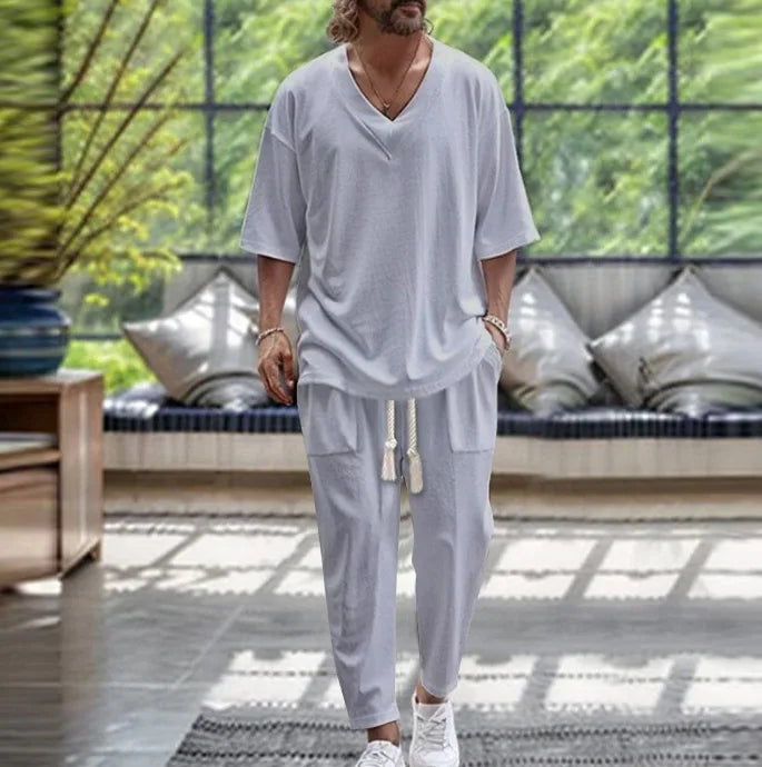2026 Men Two Piece Sets Fashion Solid Tracksuits Summer Half Sleeve V-neck T-Shirt and Pants Loose Casual Outfit Male Streetwear