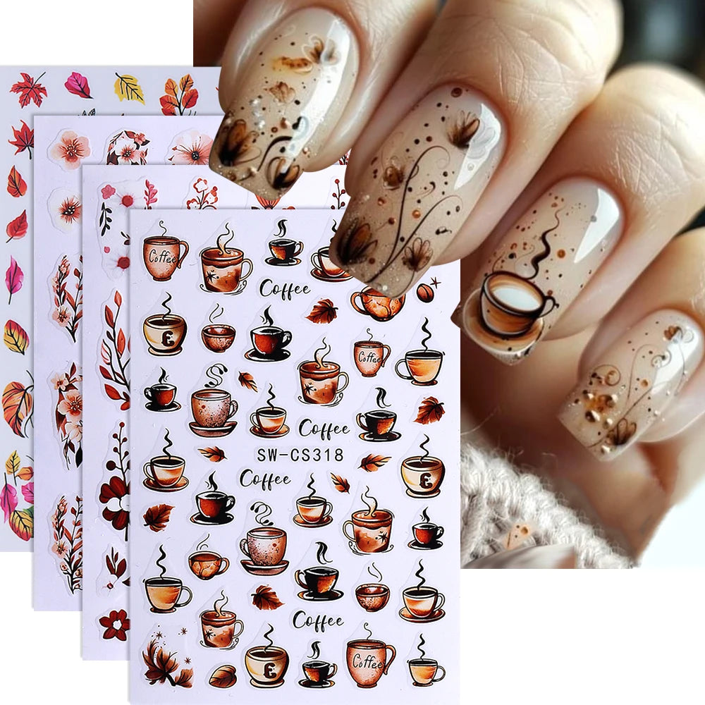 4pcs Autumn Winter Nail Art Stickers 3D Brown Maple Leaf Coffee Pattern Nail Decal Adhesive Slider Manicure Decorations Supplies