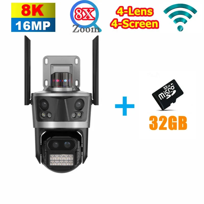 WiFi Surveillance Camera Four Lens Four Screen 8K 16MP IP Camera 8X Optical Zoom Auto Tracking CCTV Alexa ICsee New Security Cam