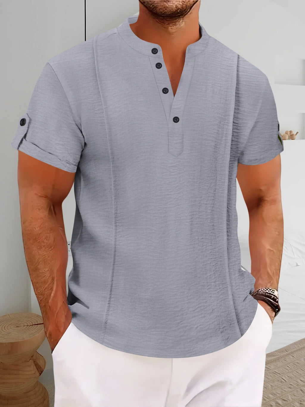 2025 Summer Blockbuster Fashion Shirt Men's Short Sleeve Button Pleats Solid Color V-Neck Casual Outdoor Comfort Henry Shirt