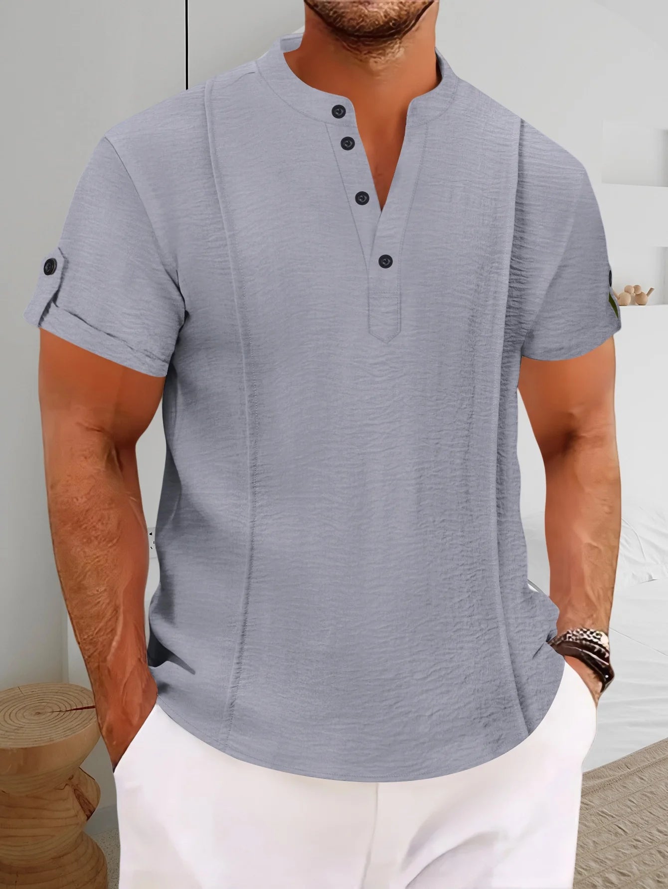 2025 Summer Blockbuster Fashion Shirt Men's Short Sleeve Button Pleats Solid Color V-Neck Casual Outdoor Comfort Henry Shirt
