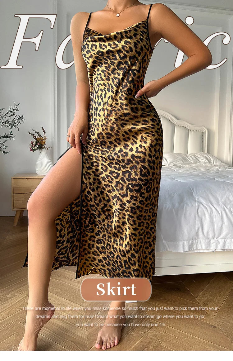 Ice Silk Slip Dress Summer Thin Breathable Silk Like Sexy Leopard Print Women's Backless Split Sling Nightdress