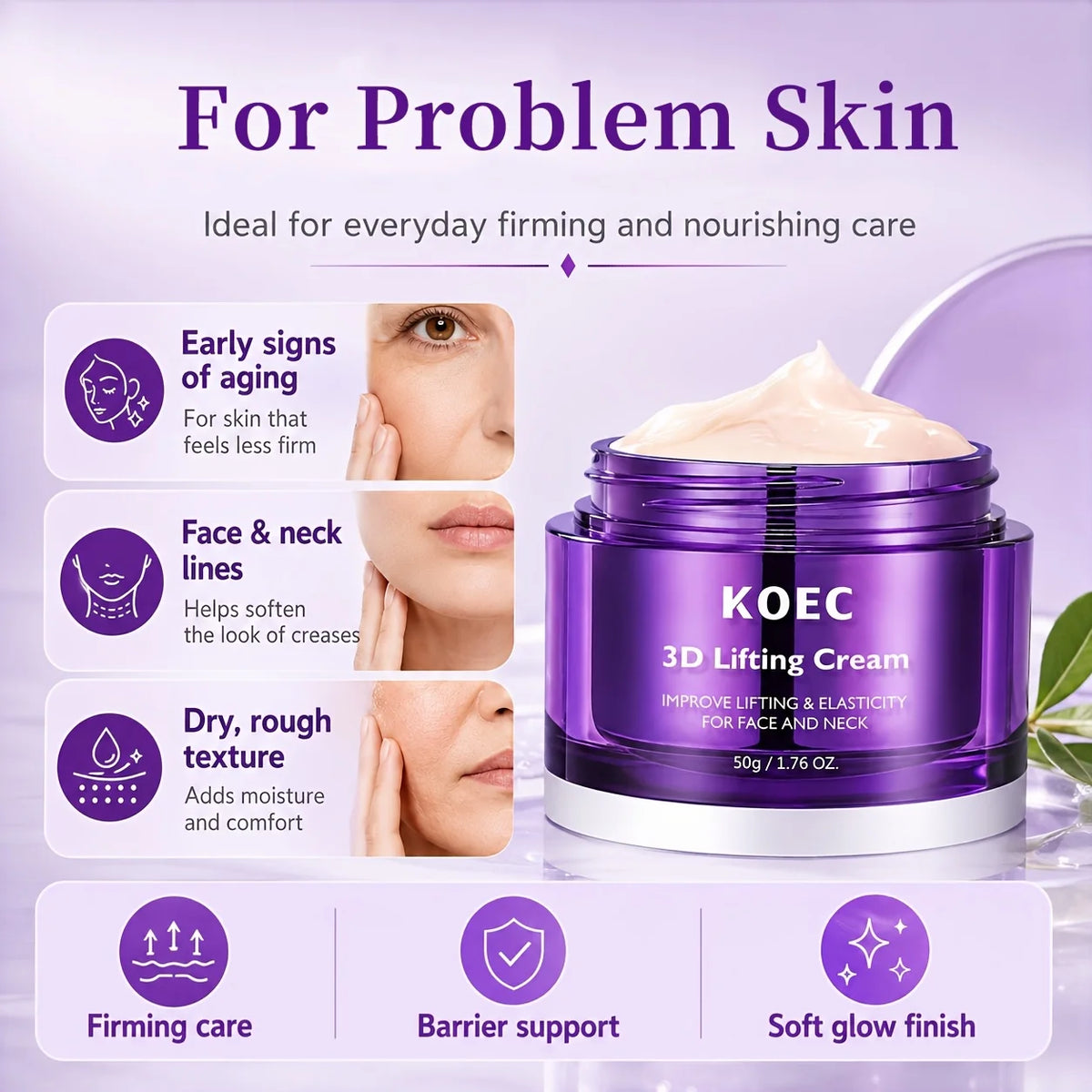 3D Lifting Cream, Firming Skin with Plant Squalane, Shea Butter & 16-Peptide Complex, Improves Uneven Skin Tone, Suitable for All Skin Types, Hydrating & Moisturizing Face Cream, 50g/1.76oz