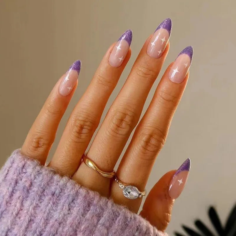 24Pcs/Set Blue Sky White Cloud Fake Nails Glue DIY Manicure Pattern Design False Nail French Stiletto Full Cover Nail Art Tools