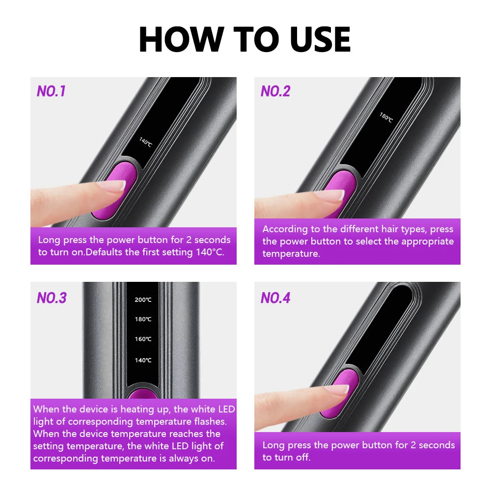 Cordless Hair Straightener 4 Temp LCD Display Anti-scald Hair Straightening Brush Portable Rechargeable Hair Styler Travel Women
