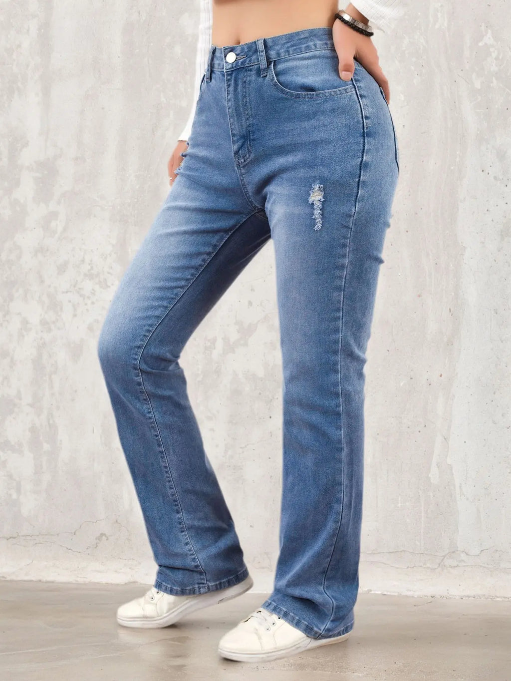 Women's denim pants suitable for all seasons light blue simple casual fashionable versatile elastic perforated flared pants
