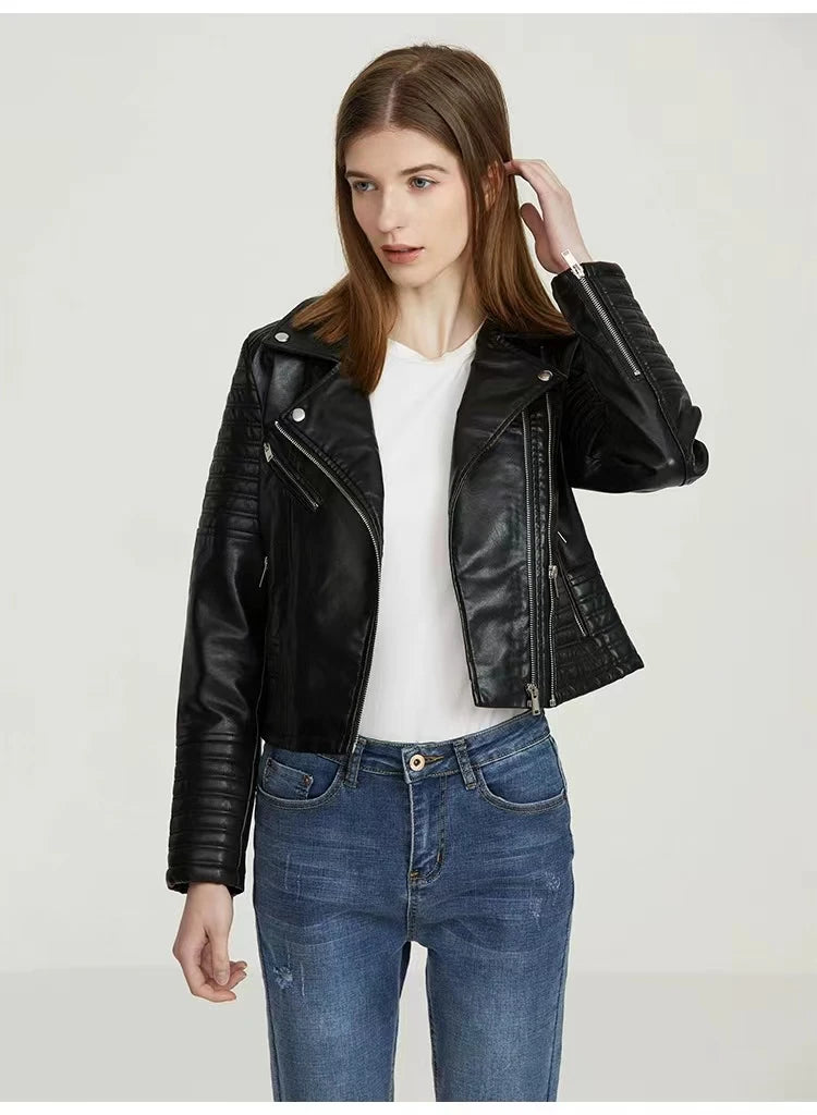 Vintage Women Leather jackets Faux Leather Moto Spring Bomber Jacket Two Zippers Drive Biker Coat PU Windbreak Outwear Autumn