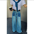 New Denim Jeans with Washed Design, High Waist Slimming, Retro Loose Straight Leg, Floor Hugging, Wide Legs