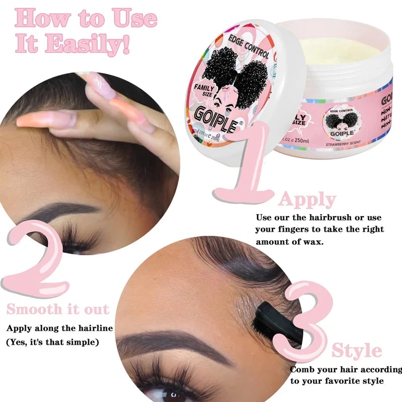 GOIPLE 8.25oz Edge Control Gel for 4c 24 Hour Strong Hold Edge Smoother Broken Hair Finishing Styling Wax Tames Frizz with Brush