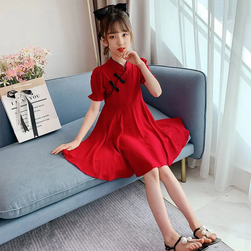 2026 Kids Girls Solid Chinese Red Cheongsam Qipao Princess Teenager New Year Dresses Clothing 4 7 8 9 10 12 14 Years
