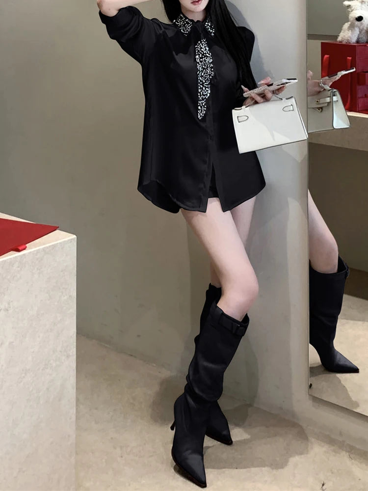 Luxury Rhinestone Turn down collar shirt for women 2025 New Shiny Satin Tie blouse Loose Black White Elegant Tops INKEO 5T031
