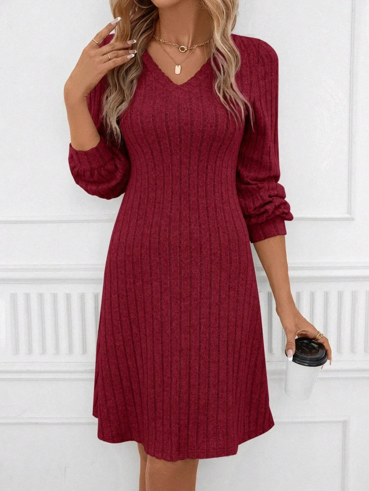 Women's Casual V Neck Pullover Mid Length Brushed Solid Color Mid Waist Ribbed Knit Dress for Women Woman Clothing Clothes