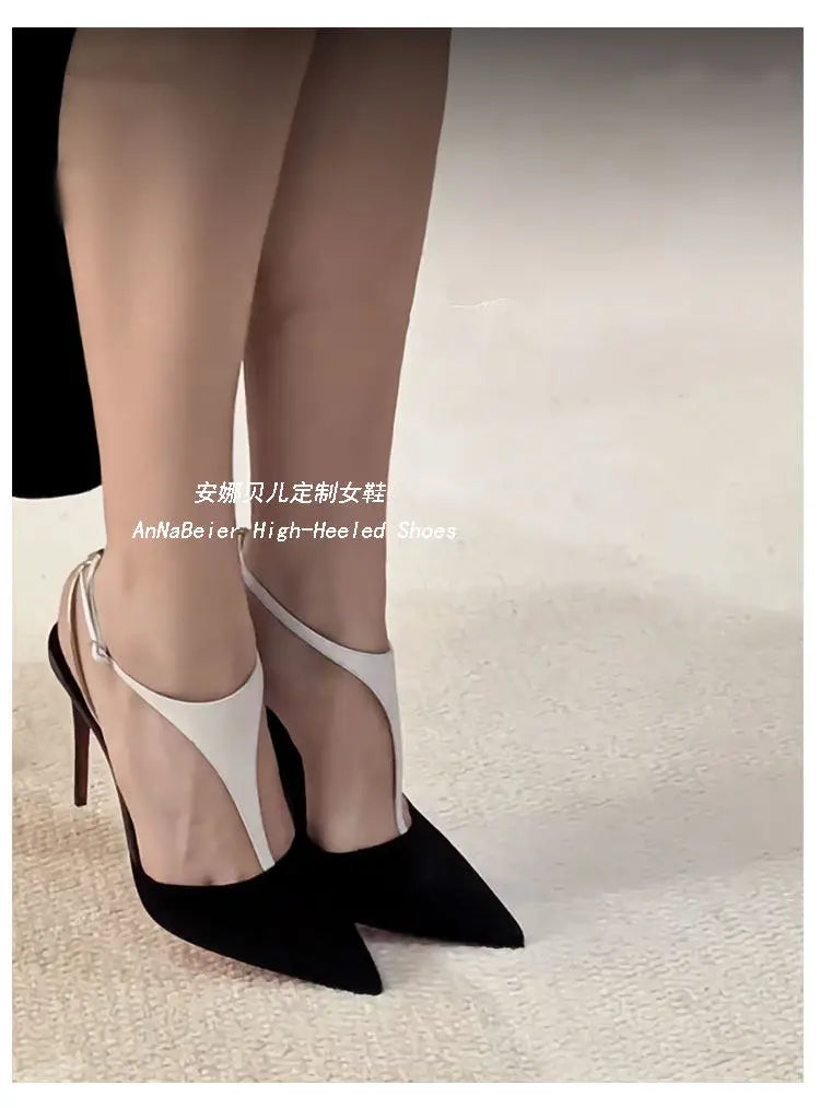 T-Shaped Socialite Black Gold Color Blocked Sexy Toe Sandals with Thin Heels and Pointed Toes, Autumn and Winter New High Heels