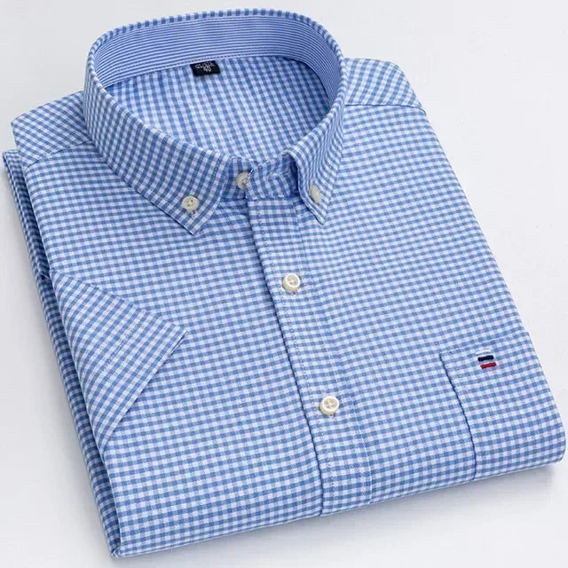 2025 100% Pure Cotton Men's Oxford Short Sleeve Square Collar Soild Plaid Striped Summer Casual Shirts Single Pocket  Shirt