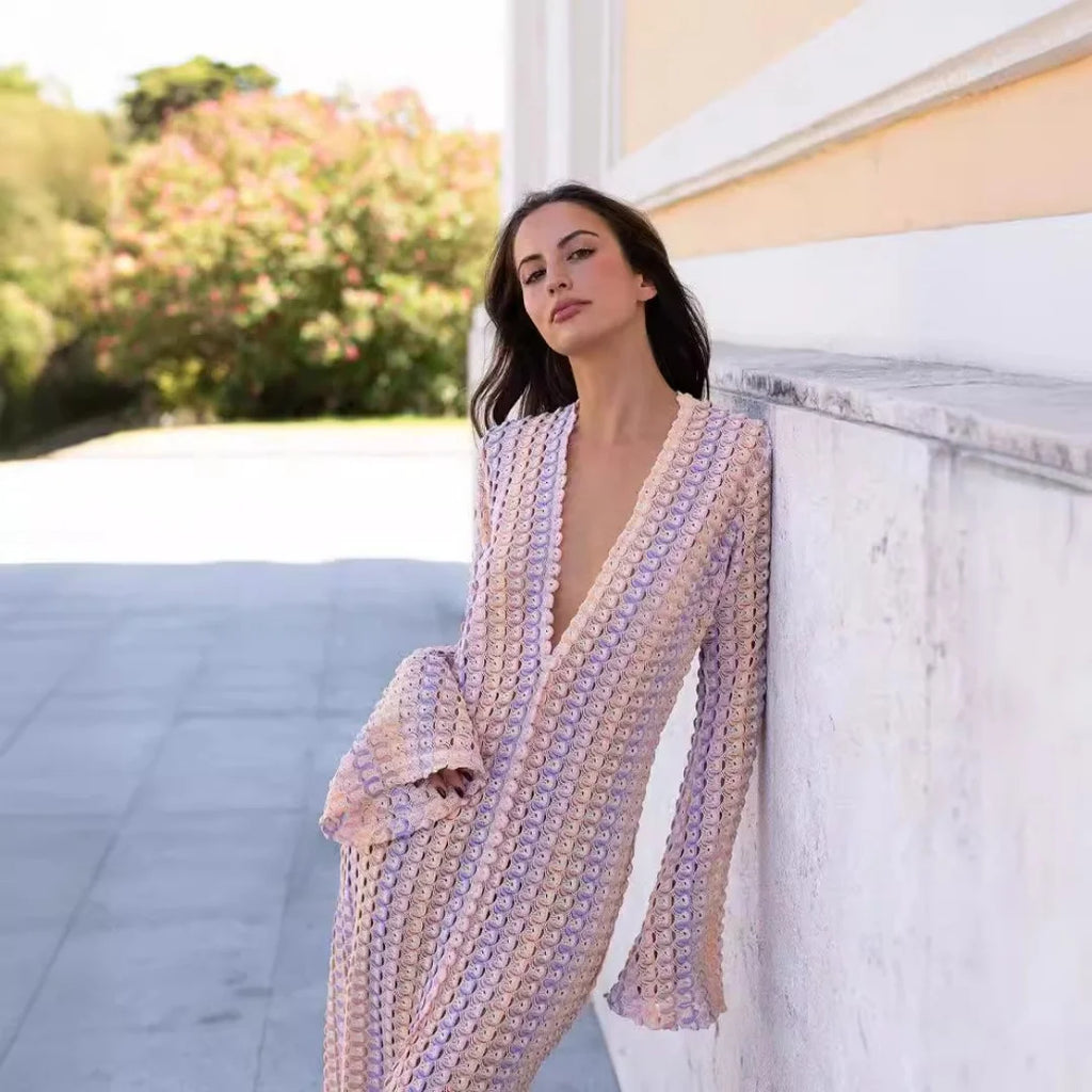 Crochet Colorful Stripe Maxi Dress Women Flare Sleeve Deep V-neck Split Sexy Long Dresses Spring Autumn Beach Banquet Vestidos