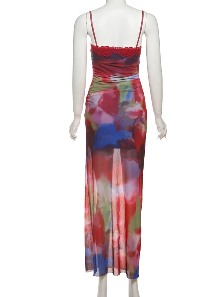 Weird Puss Colorful Print Maxi Dress Patchwork Lace Mesh Low-Neck Sleeveless Backless Summer Trend Vacation Clubwear Vestidos