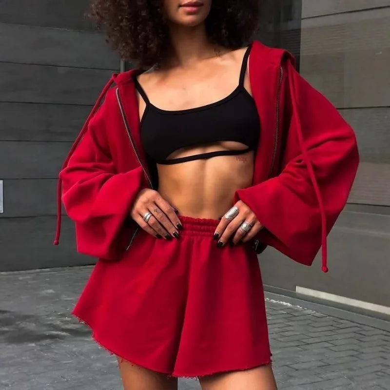 Women's Outfit Long-Sleeve Hooded Drawstring Sweatshirt Shorts Set Two-Piece Sets Sports Suit Sportswear Streetwear Trendy