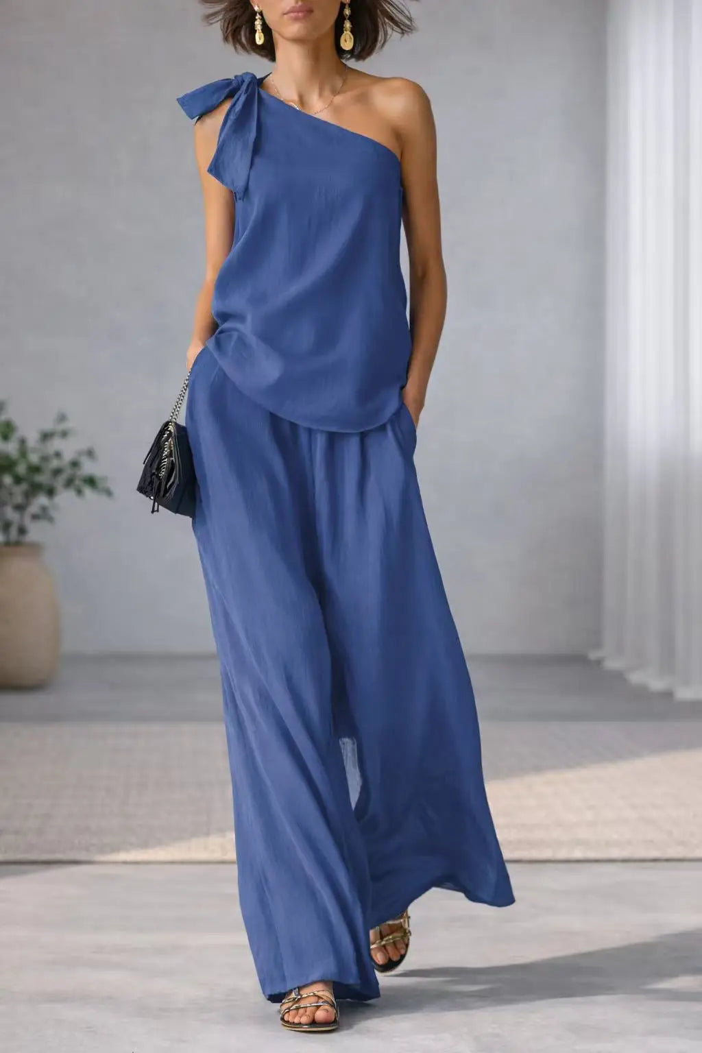 Casual Loose Summer Pants Set 2026 One Shoulder Single Strap Sleeveless Top+Wide Leg Pants Women's Casual Sportswear 2-piece Set
