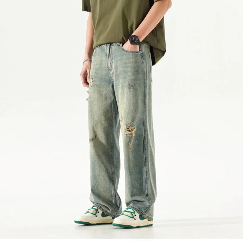 New Fashion Men Ripped Loose Straight Leg Jeans Male American Style Vintage Trend Streetwear Denim Pants Daily Casual Trousers