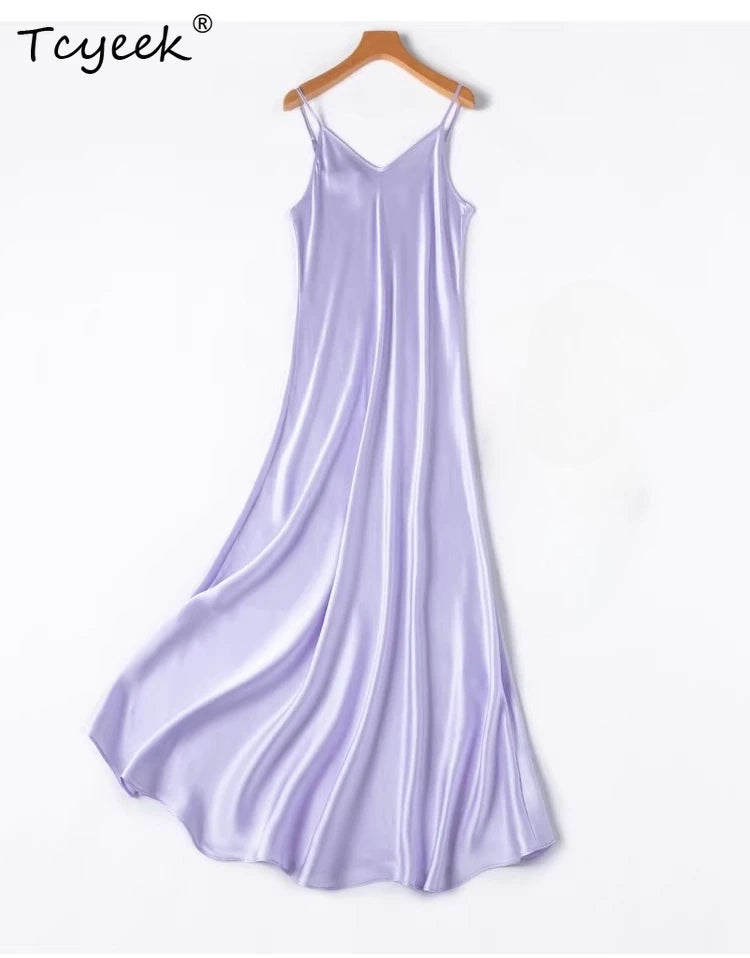 Tcyeek Woman Long Dress, 100%Real Silk, V Neck, Solid Spaghetti Strap Dresses, 2025 Elegant Chic Clothes