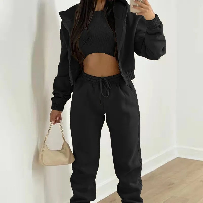 3 Set Long Pants Full Length Elegant Women Sets with Hooded Sweatshirt Top Regular Sleeve Winter Spring Autumn Streetwear