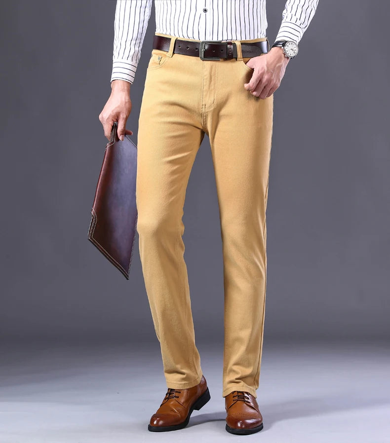 2026 New  Spring Autumn Wine Red Jeans Men Fashion Casual Classic Style Business Straight Fit Soft Trousers Male Advanced Pants