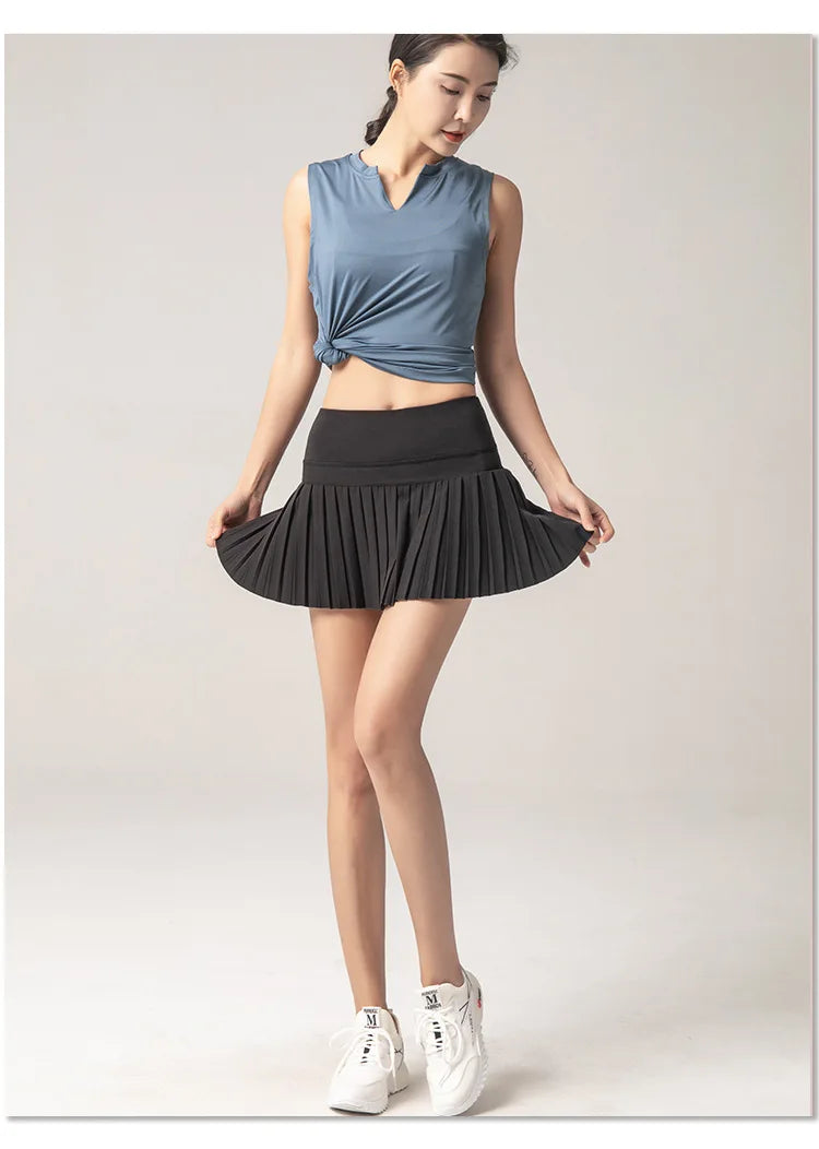 Summer Women Sports Anti Exposure Pleated Golf Tennis Skirts Fitness High Waist Elastic Athletic Run Shorts With Pocket