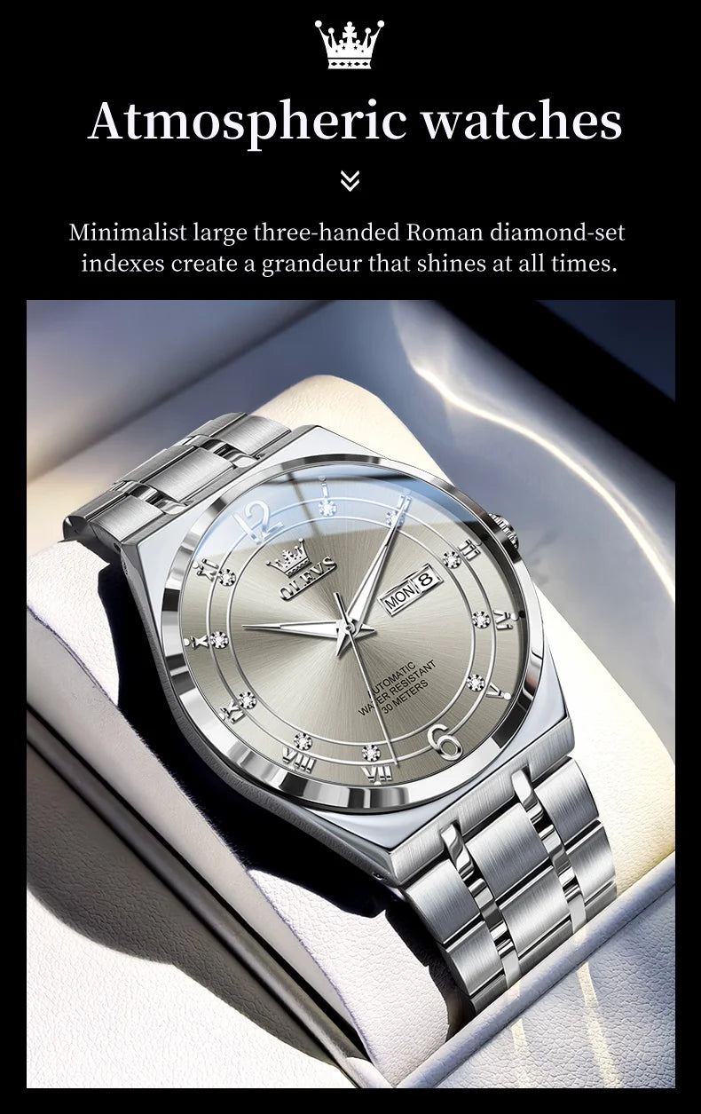 OLEVS 7068 Mens Watch Original Automatic Menchanical Wristwatch Waterproof Luminous For Men Sport Date Dual Calendar Design