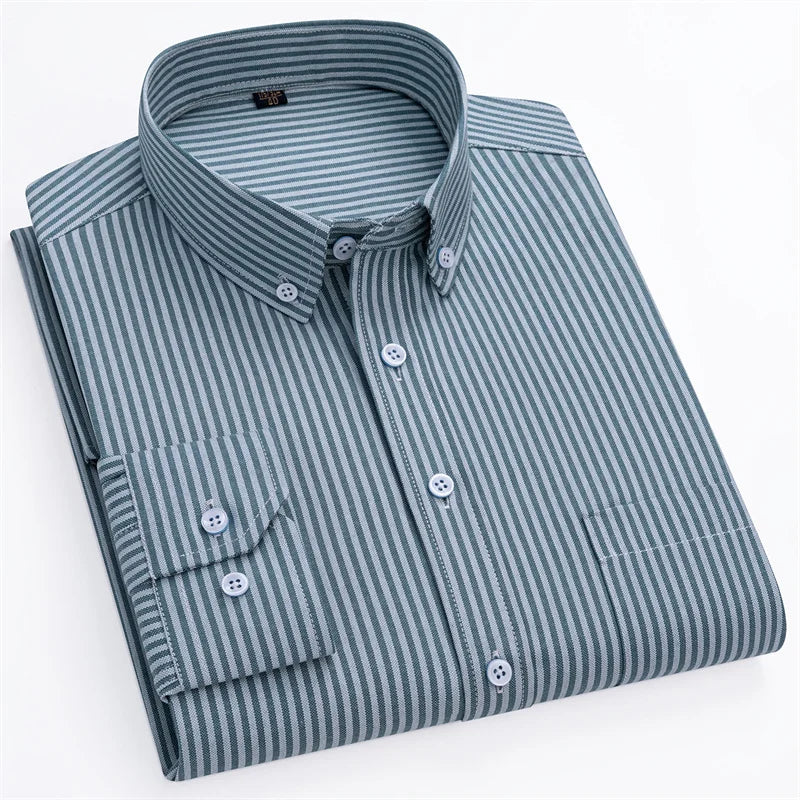 New Cotton Oxford Men's Shirts Long Sleeves Stripe Thin Soft Regular Fit Formal Dress Shirt Pocket Social Blouse Male Clothes