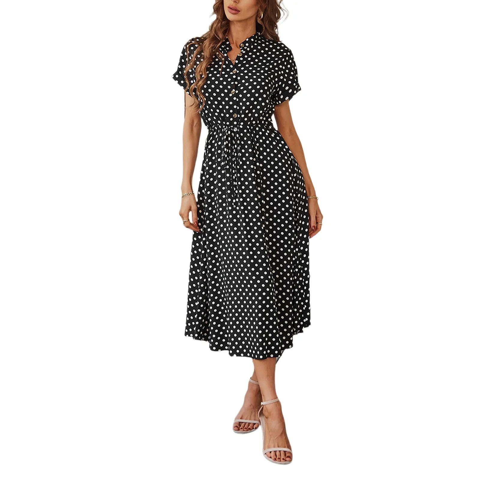 Elegant retro polka dot dress Women's Summer Midi Dress V Neck Single Breasted Short Sleeve Dresses Fashion Print Dress