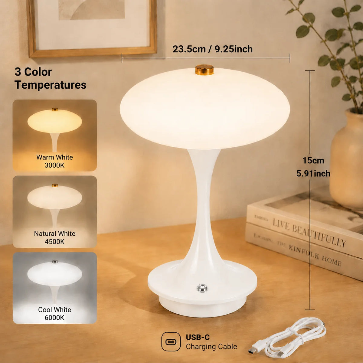 Mushroom Table Lamp – Rechargeable LED Bedside Lamp with Touch Sensor Three-Color Lights for Contemporary Interiors.