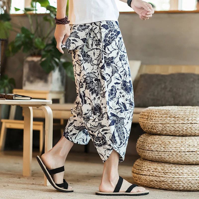 Men's Casual Cotton Linen Seven-Foot Pants Summer plus Size Lantern Loose Fit Shorts Harlan Style Comfortable Breathable Leis...