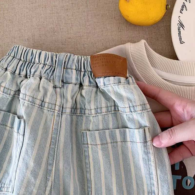 Children's Cotton Soft Retro Stripe Jeans Spring and Autumn Boys and Girls' Casual Loose Straight Pants 80-130cm