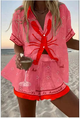 Fashion Lapel Short-sleeved Single-breasted Shirt Top + Shorts 2-piece Set Women Elegant Summer Print Loose Casual Suit Female
