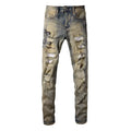 2026 New Men's Fashion Snake Embroidery Denim Jeans Vintage Blue Snakeskin Leather Patch Stretch Pants Skinny Tapered Trousers