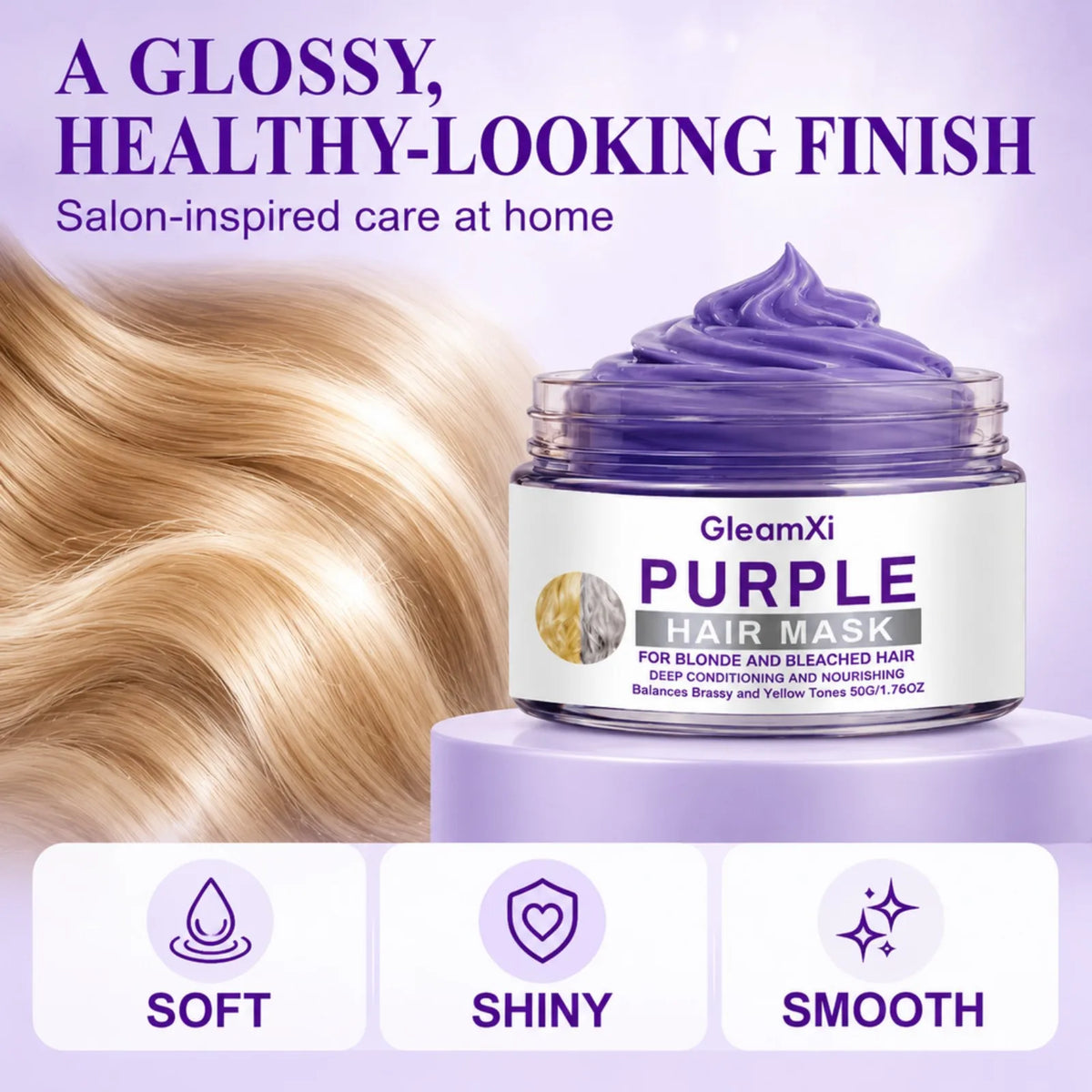 Purple Hair Mask for Blonde Bleached Hair Deep Repair Conditioning Neutralize Brass Yellow Tones Silky Soft Frizz Control 50g