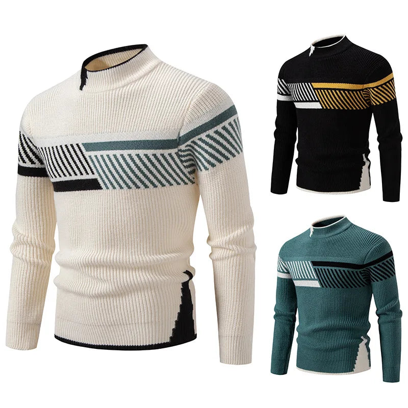High Quality Men's New Autumn Winter Sweaters Casual Warm Mock Neck Pullovers Trend Color Blocking Design Men Sweaters Knit Tops