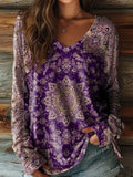 Vintage Women's T-Shirt Floral Graphic Plants Elegant Fashion Tee Long Sleeve T-shirts V-Neck Regular Tops Pullover Fall Winter