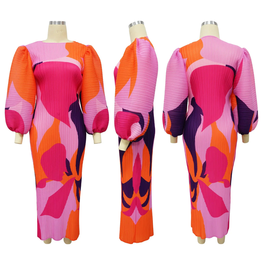 Elegant Women Pleated Half Lantern Sleeve O-neck Slim Maxi Long Dress Print Fashion Autumn 2025 Ruched Dresses Vestidos