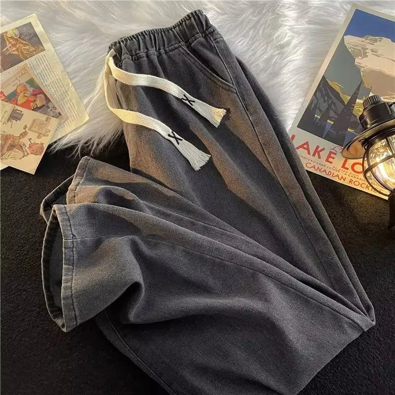 Loose Fit Straight Leg Men's Jeans Casual High Street American Sle Spring Autumn Dstring Waist Corduroy Teenager Faion