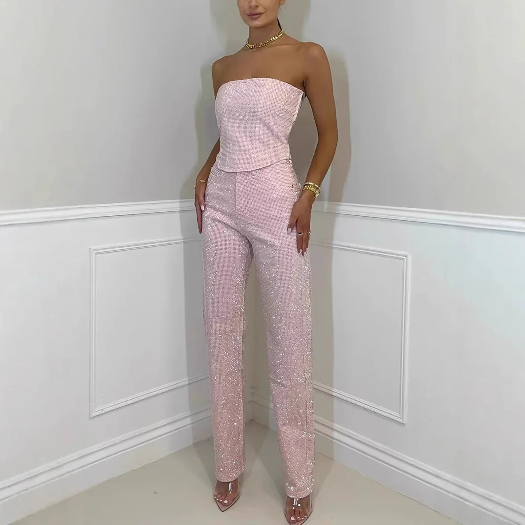 Denim Pant Set Women Two Piece Sets Sexy Strapless Sleeveless Tops Long Pants High Waist Y2k Streetwear Elegant Work 2026