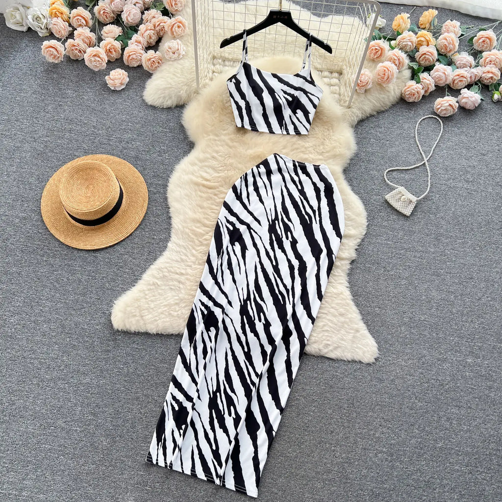 Retro Style Printed 2 Pieces Set for Women Fashion Summer Sleeveless Cropped Camis Top + Elastic Waist Bodycon Long Skirt Suits