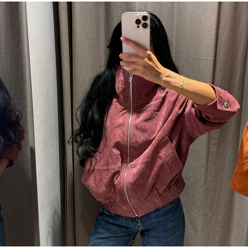 Faux Suede Women Winter Jacket Belted Waist Autumn Coat Stand Collar Short Jacket Cargo Jacket Daily Commute Wear Street Style