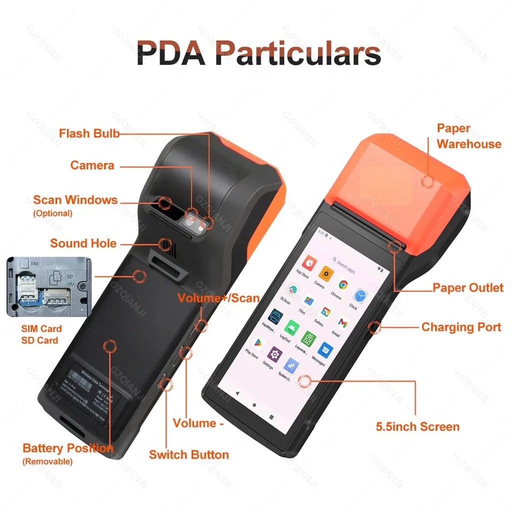 Intelligent Mobile Handheld PDA Terminal Receipt Printer 5.5'' Touch Screen Wireless Connectivity 1D/2D Reader Android 13/14