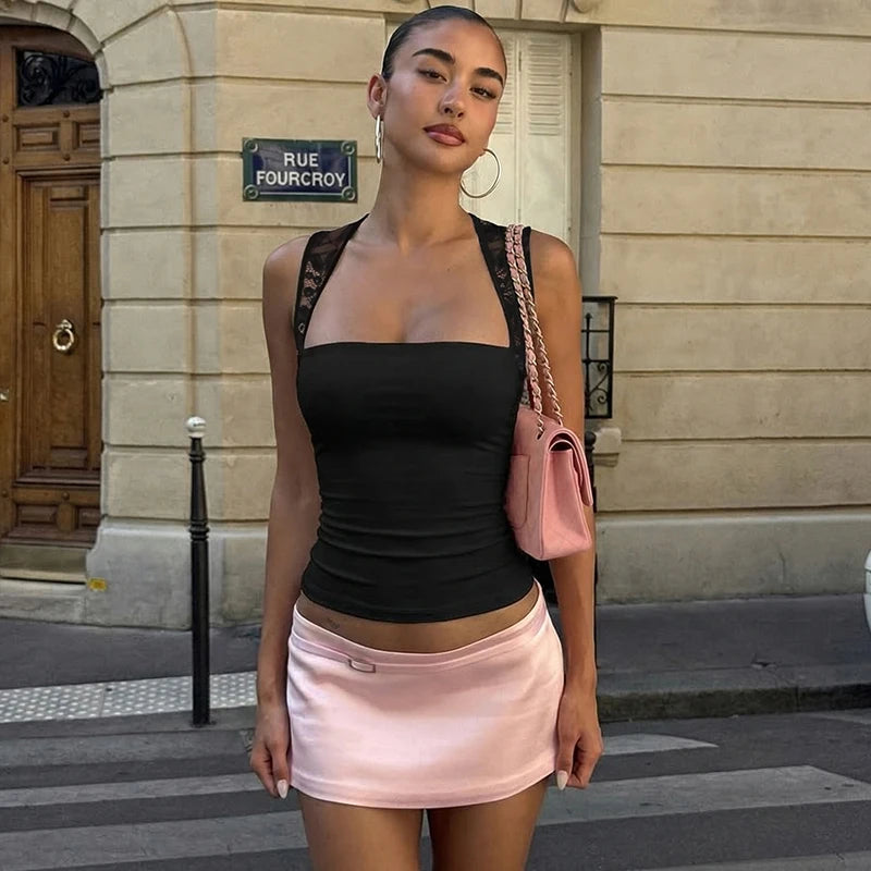 Hugcitar Women Fashion Square Collar Solid Patchwork Lace Sexy Crop Tank Top Summer Clothes Summer Clothes Streetwear Party